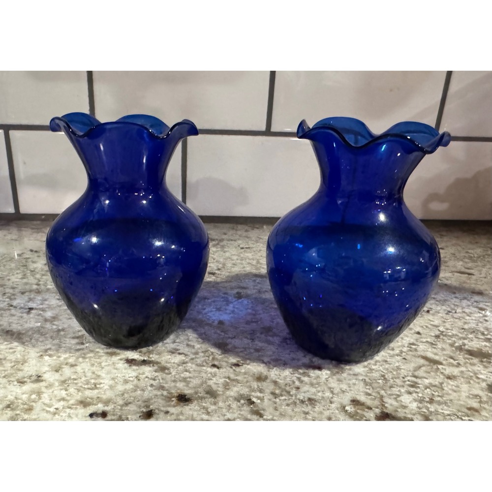 Cobalt Blue Hand Blown Glass Bud Vases Ruffled Rim Set of 2 MCM Style 5 Inch